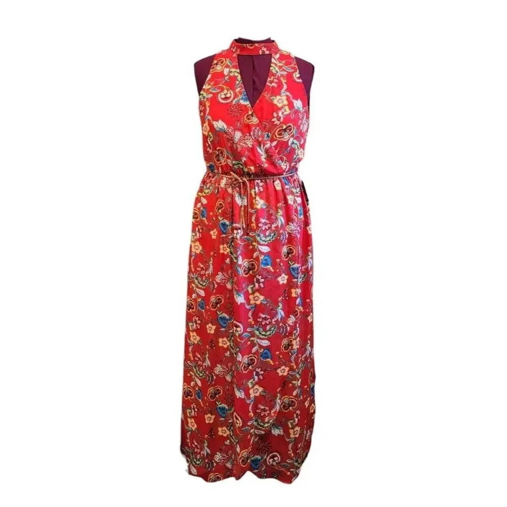 NEW Red Floral Sheer Choker Neck Braided Belt Tassels Faux Wrap Maxi Dress Sz XL